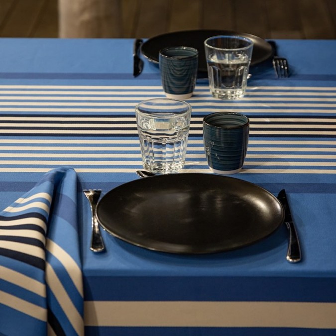 Blue and white cotton striped tablecloth