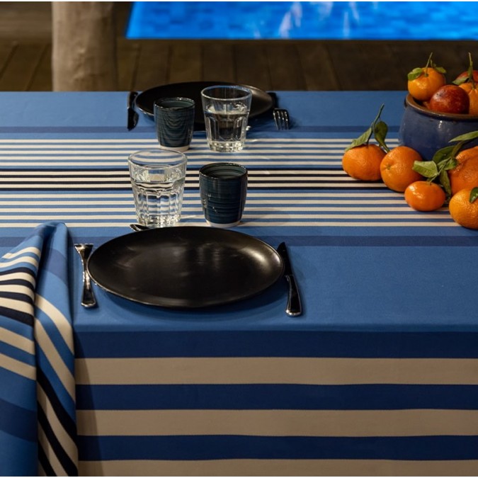 Blue fabric with white stripes, high quality
