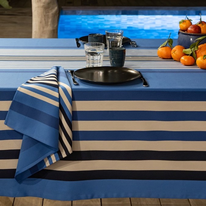 Serviette de table bleue rayée blanche anti-tache