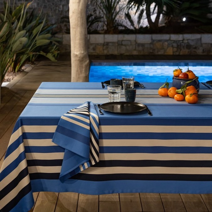 Cotton tablecloth with blue and white stripes