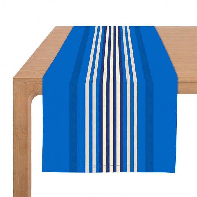 Blue table runner with white stripes