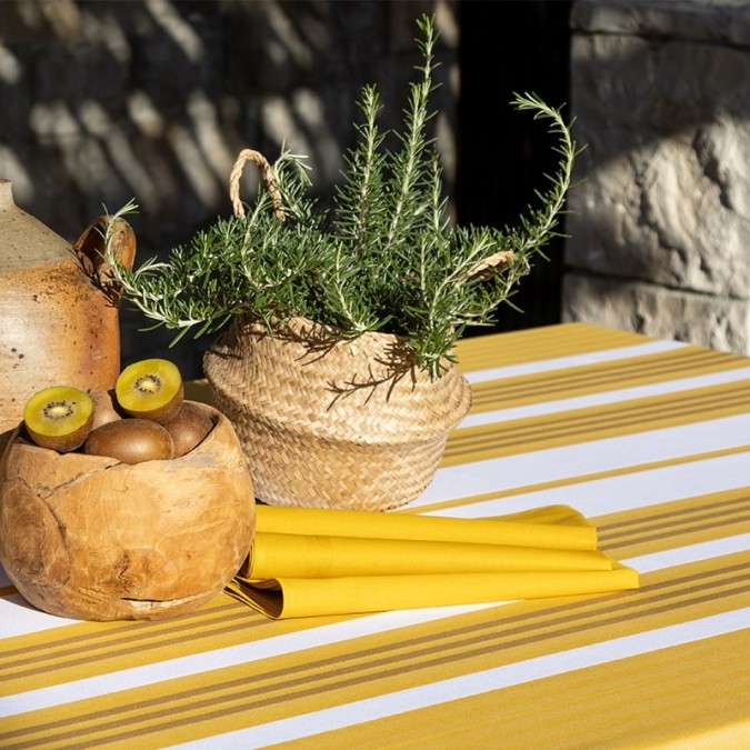 Yellow coated and woven canvas with white stripes