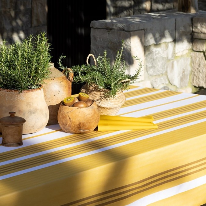 Yellow and white striped fabric by the meter