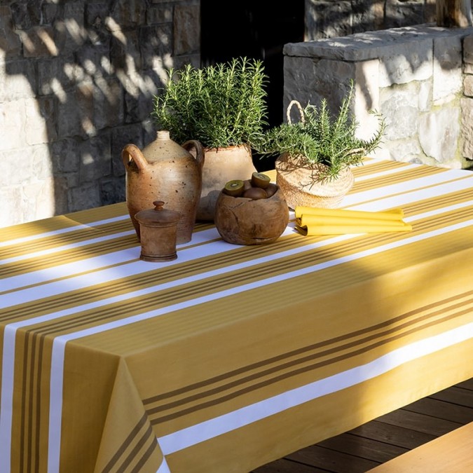 Yellow coated tablecloth with white stripes 100% cotton