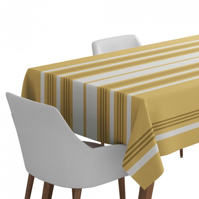 Yellow and white striped cotton tablecloth