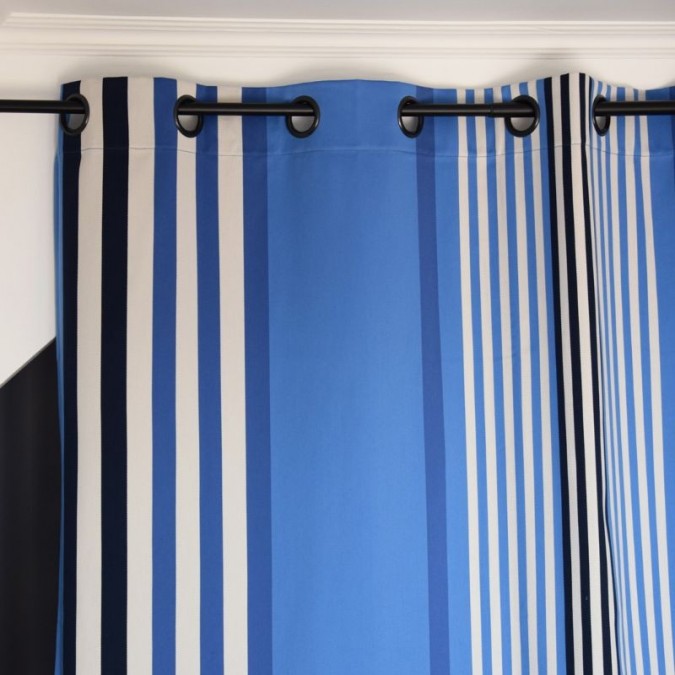 Blue curtain with white stripes in cotton satin