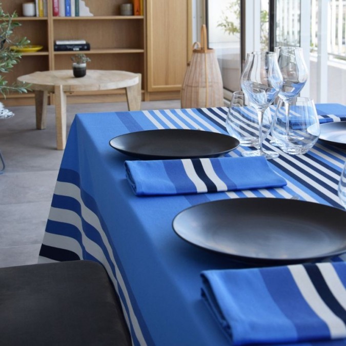 Blue and white striped cotton tablecloth
