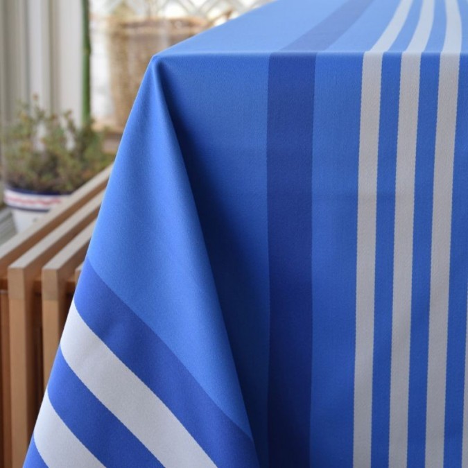 Blue and white striped tablecloth in cotton satin