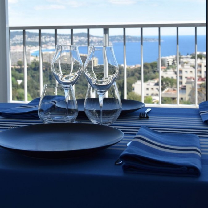 Elegant blue striped cotton tablecloth