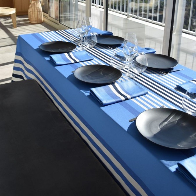 High quality blue tablecloth with white stripes