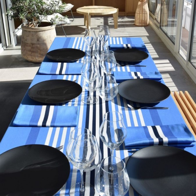 White and blue cotton striped tablecloth