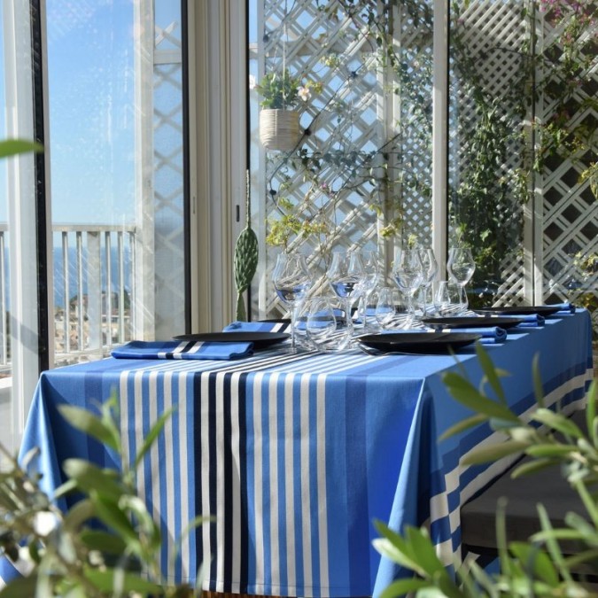 Elegant premium tablecloth with blue stripes