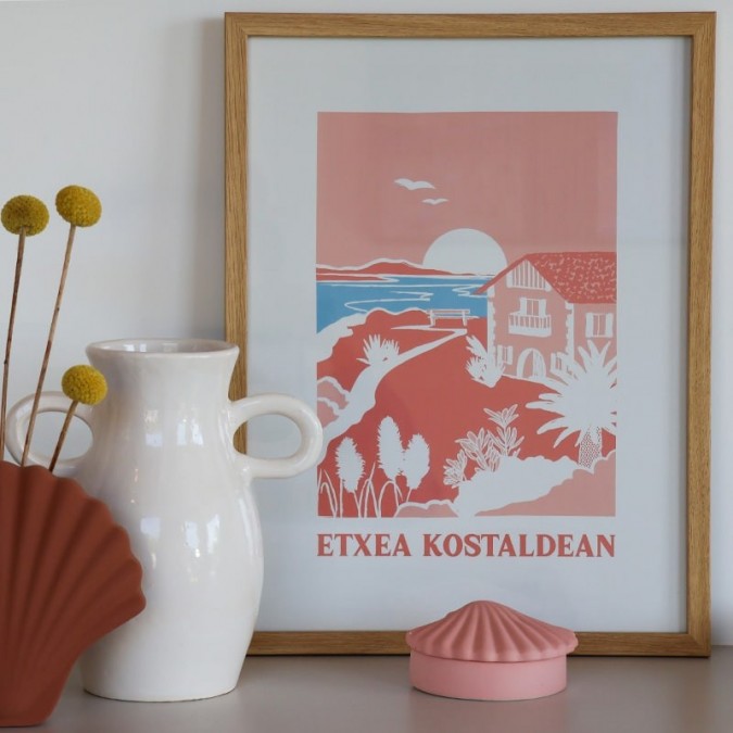 Basque coast Illustration in Pink and orange