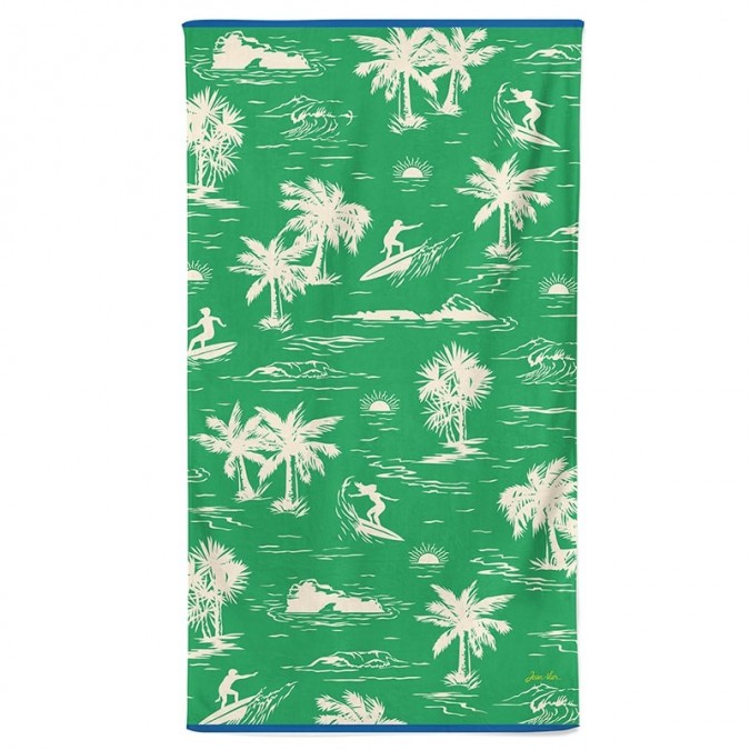 green beach towel with surf and palm tree pattern