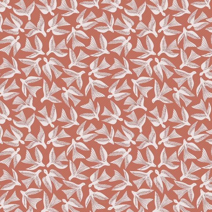 Terracotta fabric by the metre with white bird pattern