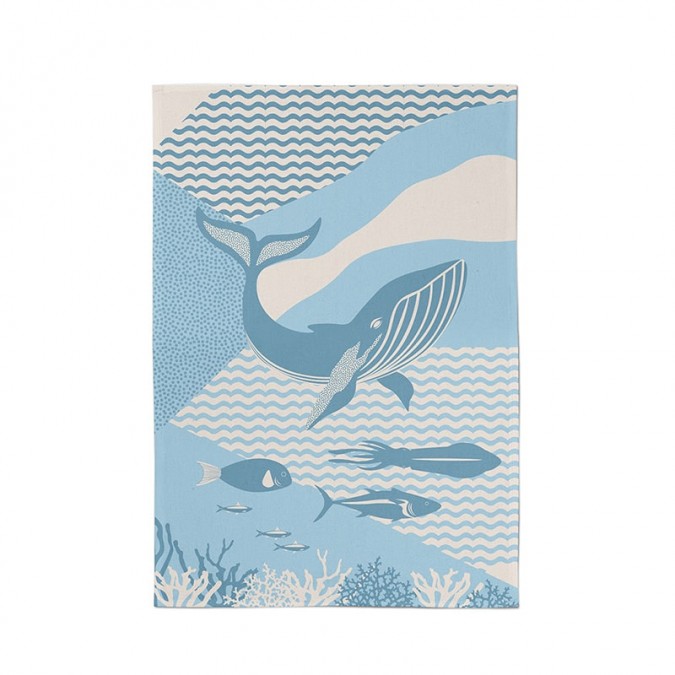 Blue tea towel with Basque whale motif