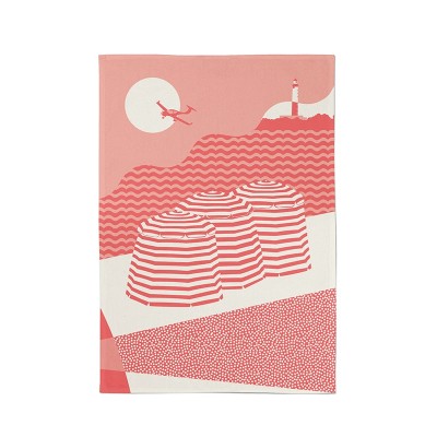 Red kitchen towel with Biarritz beach motif