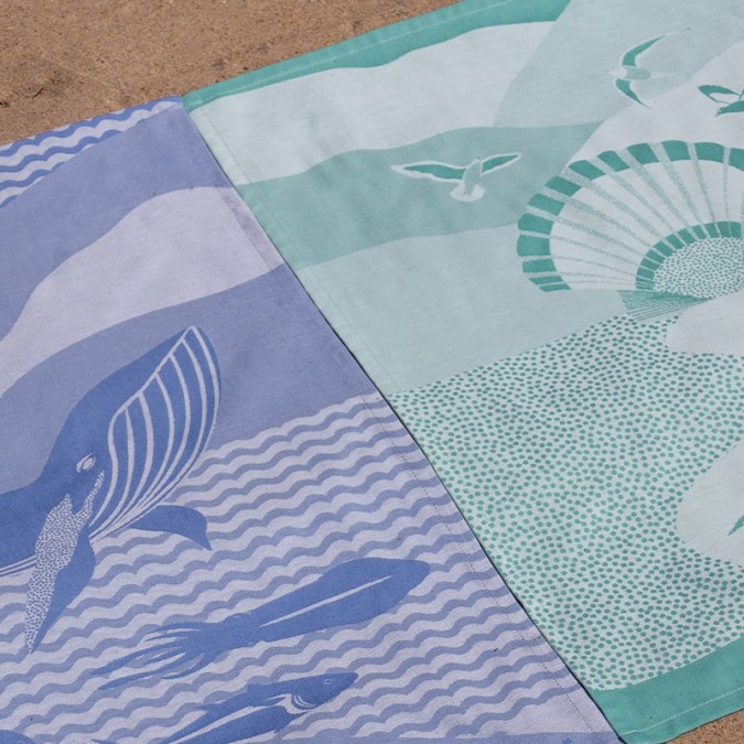 blue tea towel with Basque whale motif in quality cotton