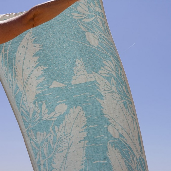 Fouta azul turquesa con diseño del océano de Biarritz 100% algodón