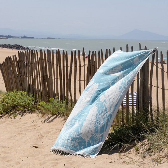 Turquoise blue Fouta in Biarritz illustration cotton with trendy fringes