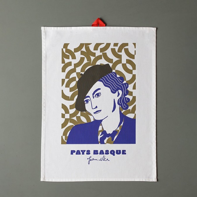 Khaki green and blue kitchen towels with Basque face illustration