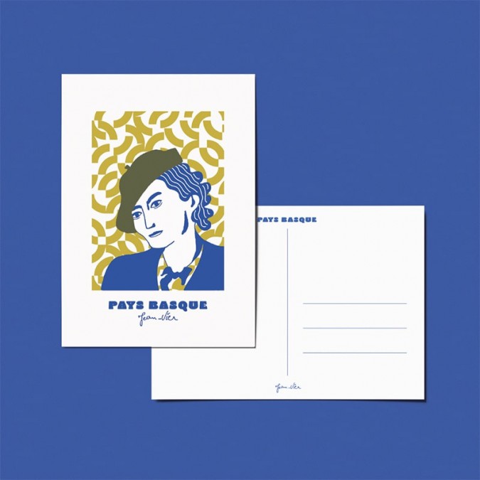 Retro postcard illustration of a blue and green Basque woman's face