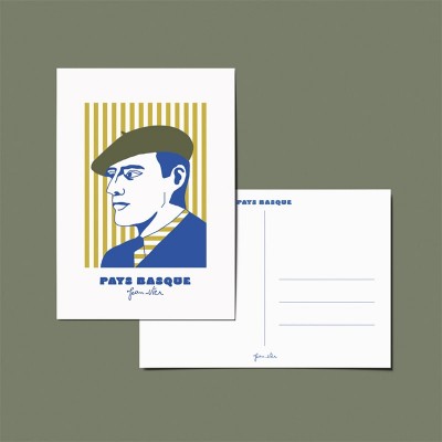 Retro style Basque postcard illustrating a green and blue face