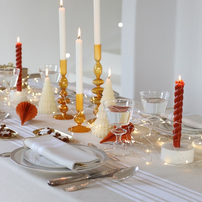 White and beige striped cotton tablecloth with gold embroidery