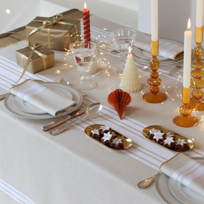 White and beige striped cotton tablecloth