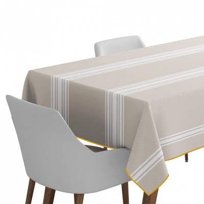 beige tablecloth with white stripes and gold embroidery