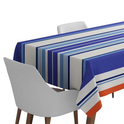 Coated tablecloth with blue, white and orange stripes, stain-resistant