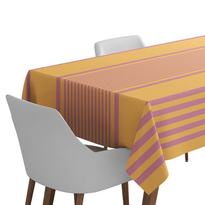 Trendy and colourful tablecloth in orange and pink stripes