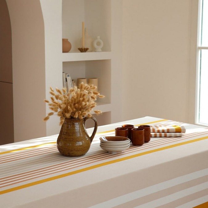 Pure white and beige striped tablecloth