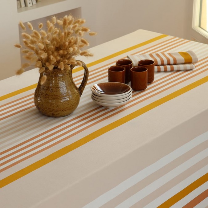 Beige and brown striped cotton tablecloth