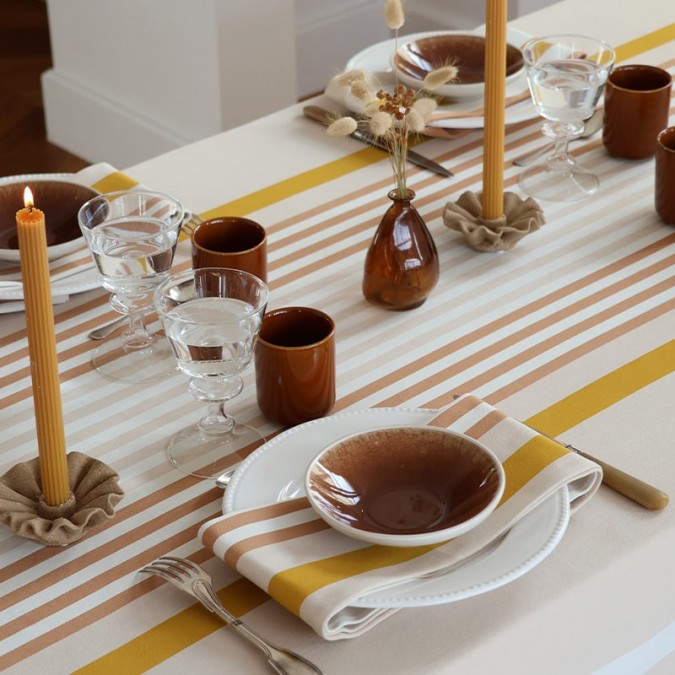 Beige, white and brown striped tablecloth in cotton with a refined style