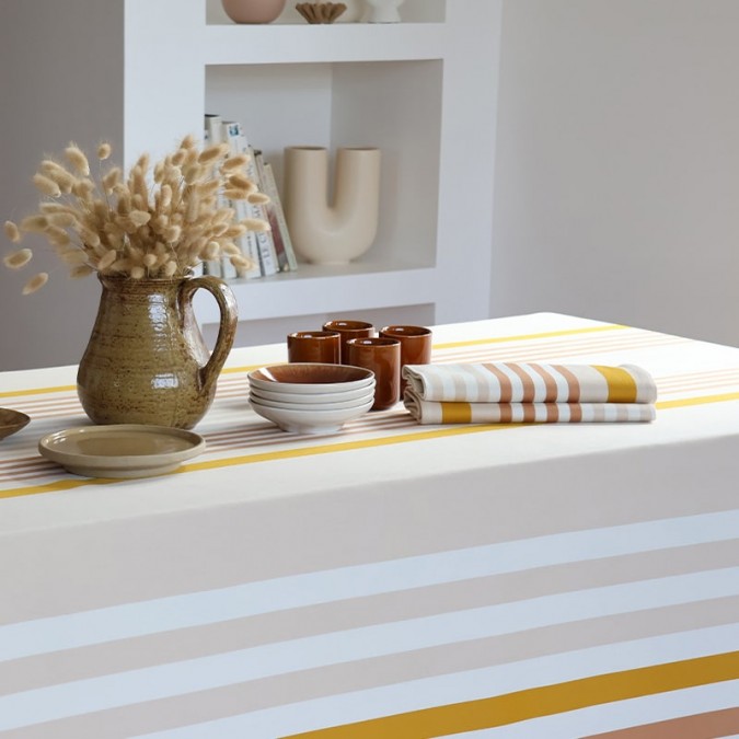 Cotton tablecloth with elegant beige and brown stripes