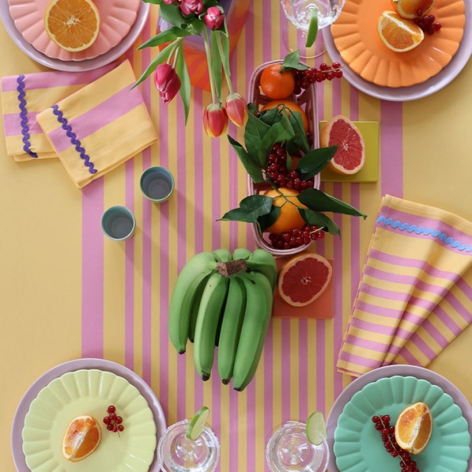 Stain-resistant tablecloth with orange and pink stripes