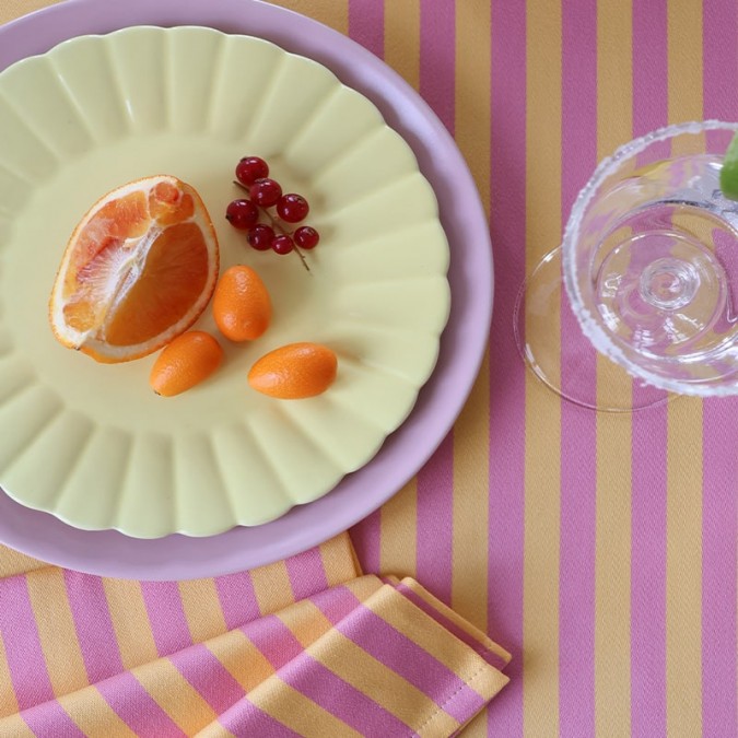 Colourful pink and orange striped tablecloth 100% cotton