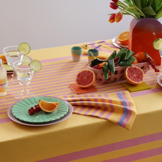 Premium cotton tablecloth in pink, violet and orange