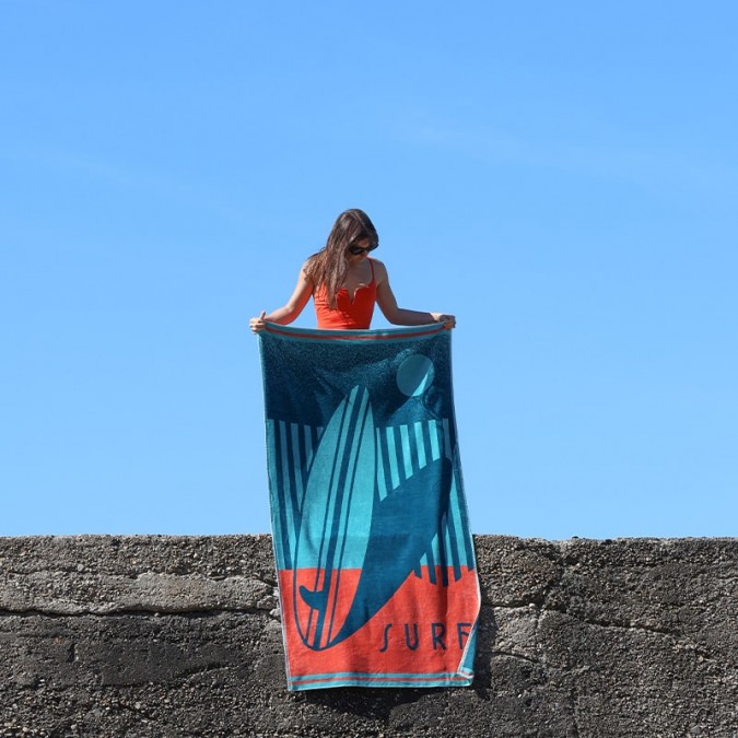 Drap de plage orange et bleu certifié Oeko-Tex Embruns Atlantiques