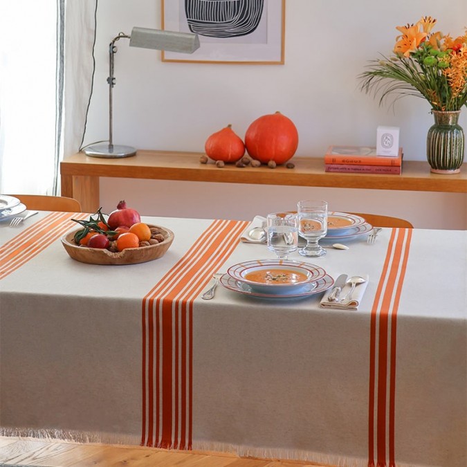 Nappe de table frangée en lin et coton Maia Rouille