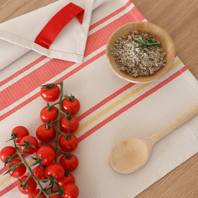 Yellow and red striped tea towel, refined traditional kitchen decoration