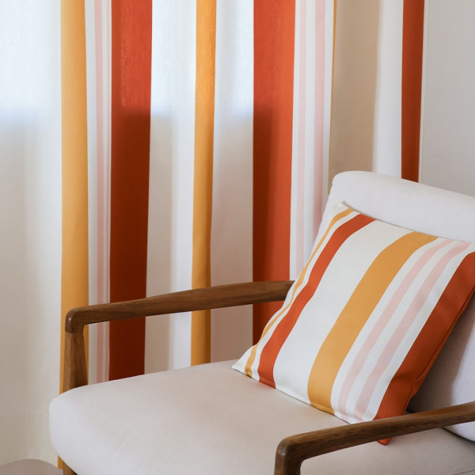 Striped cotton satin curtain in orange, yellow and pink, summer style decoration, natural, elegant