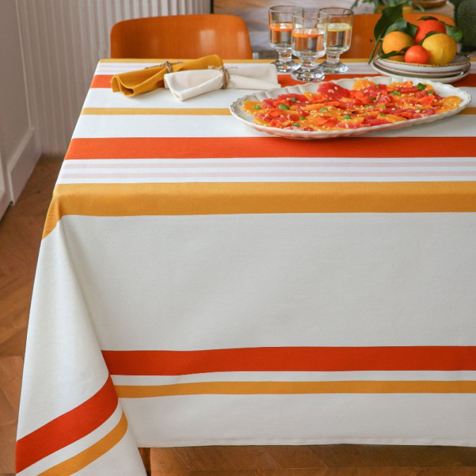 Orange, yellow and pink stripe fabric by the metre in 100% cotton satin