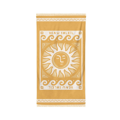 100% yellow cotton beach towel with sun and waves motif