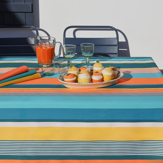 nappe enduite en coton rayé multicolore jaune, orange, bleu, vert