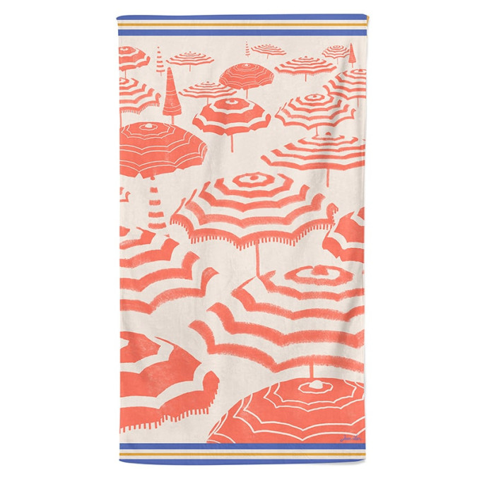 Grandes Vacances Corail 100% cotton velvet beach towel with parasol motifs for a lazy summer of quality. Free delivery from 100€