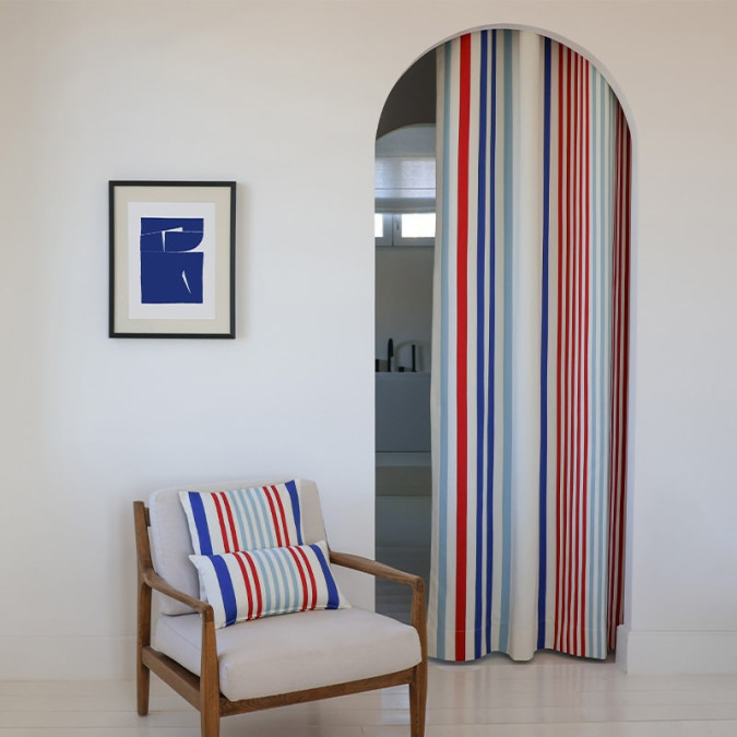 Rideau en coton avec oeillet à rayures rouge, blanc, bleu tricolores