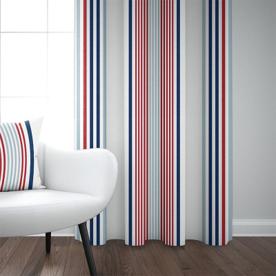 Rideau bleu, blanc et rouge en coton à rayures basques