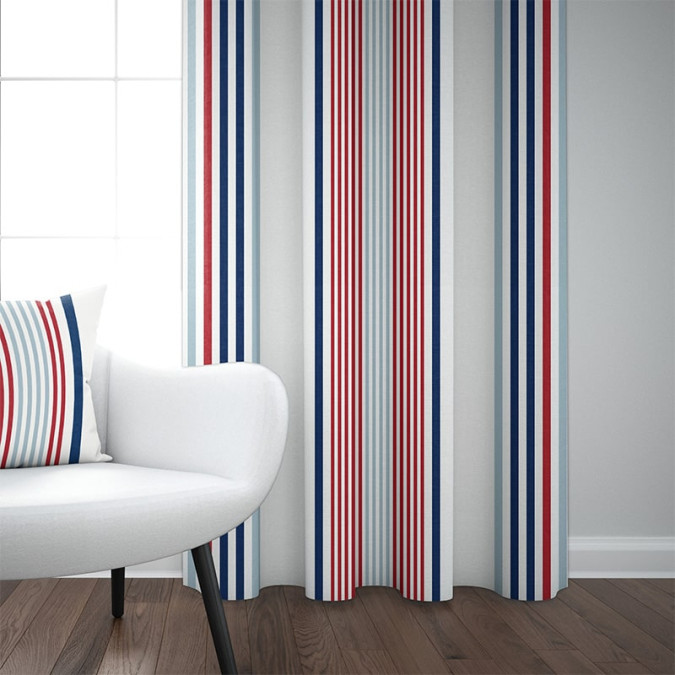 Cortina de algodón azul, blanco y rojo con rayas vascas